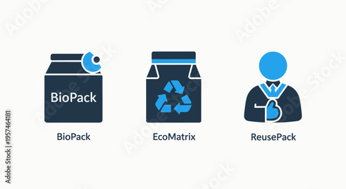 Sustainable packaging icons: biopack, eco-friendly materials, and reuse packaging for green business and environmental protection