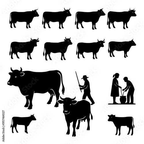 A collection of cow silhouettes and people herding cattle Vector, illustration