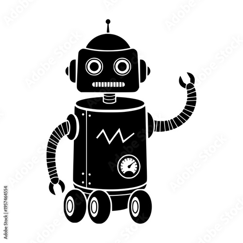 A black and white robot with a wrench in its hand Vector, illustration