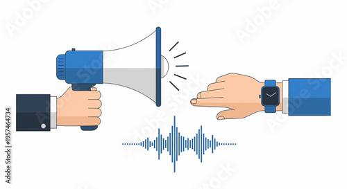 Megaphone Pointing at Smartwatch with Audio Sound Wave Graphic