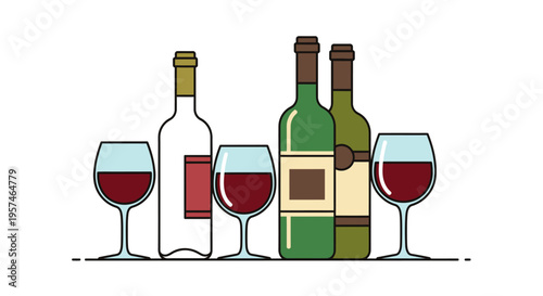 Wine Bottles and Red Wine Glasses Flat Illustration