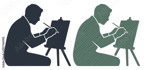 Artist focused on creating art at an easel, presented in two distinct styles.