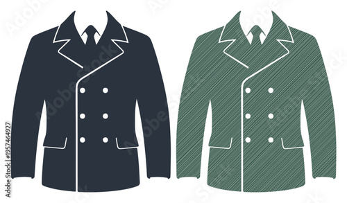 Two stylish double-breasted jackets, one dark and one green, presented side-by-side.