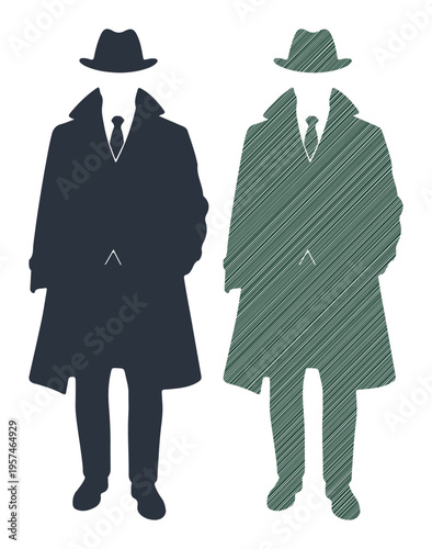 Two men in classic trench coats and hats stand side-by-side, representing mystery and intrigue.