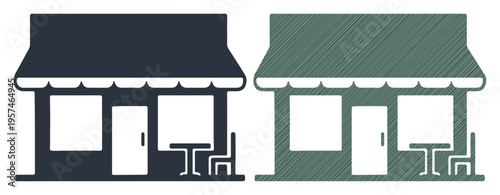 Two storefronts side-by-side, one solid and one textured, inviting commerce