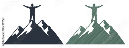 Triumphant silhouette stands with arms outstretched atop a mountain peak, symbolizing achievement and success.