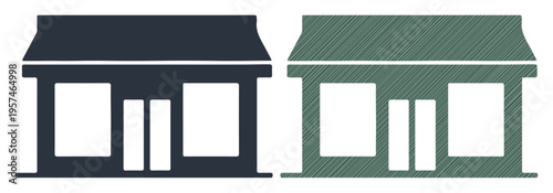 Two simple storefronts side by side, one dark and one green, representing commerce and retail.