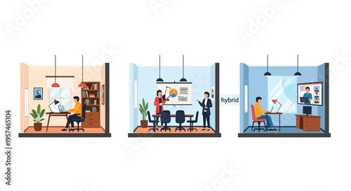 Hybrid Work Model: Remote & In-Office Collaboration. Flexible Business, Telecommuting, and Team Productivity Illustration