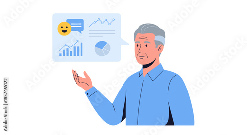 Senior Man Presenting Business Data Analytics, Customer Feedback, and Financial Growth Strategy with Visual Charts