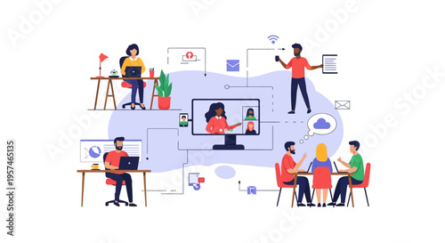 Global Remote Team Collaboration & Hybrid Work Concept. Diverse professionals connect via video conference, laptops, and digital tools for online business communication.