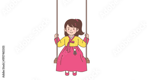 Girl in Hanbok Traditional Korean Dress Sitting on Swing