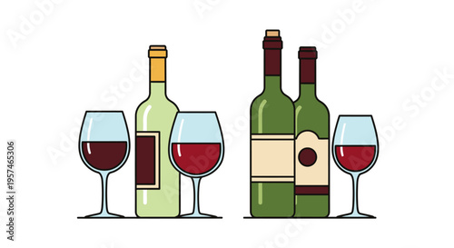 Wine bottles and red wine glasses flat vector illustration