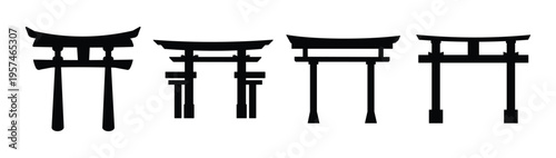Torii Gate Icon Set – Japanese Shrine, Shinto Culture, Spiritual Holiday Vector