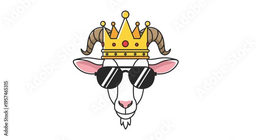 Goat character wearing golden crown and sunglasses