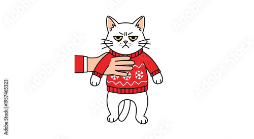 Grumpy White Cat Wearing Red Christmas Sweater Being Held by Hand