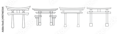 Torii Gate Icon Set – Japanese Shrine, Shinto Culture, Spiritual Holiday Vector