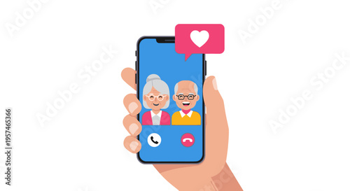 Elderly couple on smartphone video call held by hand illustration
