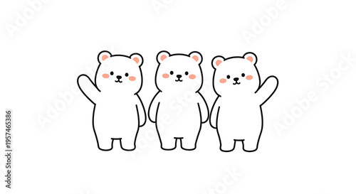 Three Cute Cartoon Polar Bears Waving on White Background