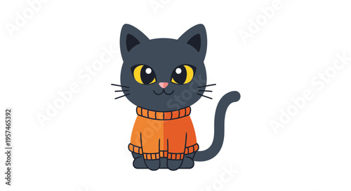 Black Cat Wearing Orange Sweater Cartoon Illustration Vector