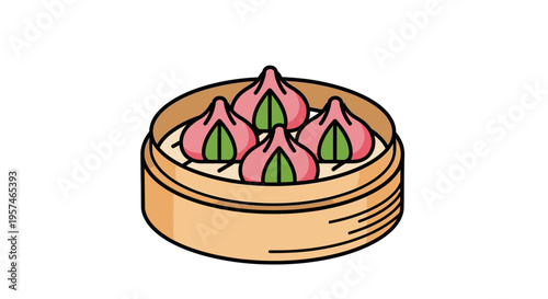 Pink Dim Sum Dumplings in Bamboo Steamer Basket Icon