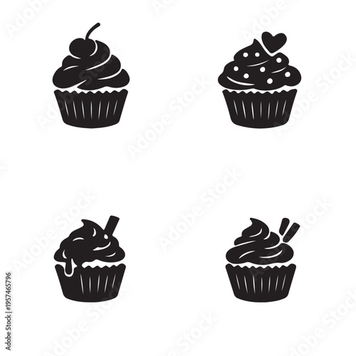 Delicious set of vector cupcake and cake illustrations featuring sweet chocolate muffins with pink strawberry cream and cherries for a cute bakery birthday party celebration