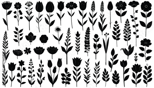 A comprehensive set of diverse black silhouette floral icons arranged in a clean grid formation
