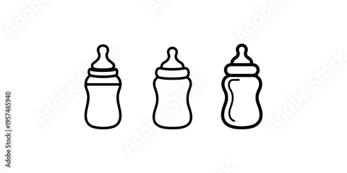 Baby feeding bottle icons set in different line styles for newborn infant care nursery equipment and childhood nutrition mother products illustrations