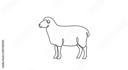 Minimalist one continuous line art drawing of a sheep in profile, simple black and white farm animal illustration on a white background.