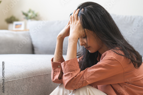 Sad, unhappy. Alone asian young woman, girl hand cover face thinking about problem, difficulty, feeling failure and exhausted, suffering from loneliness, grief sorrow and bad relationship or break up.