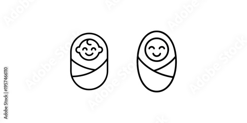 Two simple outline icons of happy babies swaddled in blankets representing newborns, infancy, and new life symbol concepts