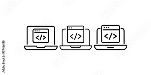 Software development and web coding icons featuring laptop screens with programming brackets and website window symbols for technology and computer work