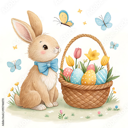 Easter Bunny and Colorful Eggs: An adorable Easter bunny with a charming blue bow tie, surrounded by cheerful butterflies, anticipates a basket brimming with vibrant, decorated eggs, tulips.