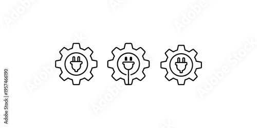 Electrical plug inside gear icons for technical power settings and engineering maintenance symbols representing industrial energy and automation solutions