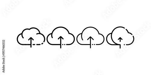 Cloud upload icons collection with upward arrows and dashed line details representing data storage transfer and network server hosting for digital backup