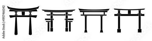Torii Gate Icon Set – Japanese Shrine, Shinto Culture, Spiritual Holiday Vector
