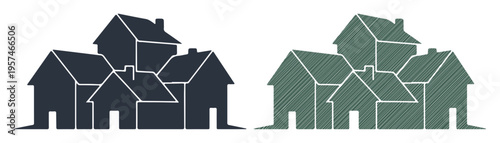 Cluster of simple house icons symbolizing community and neighborhood.