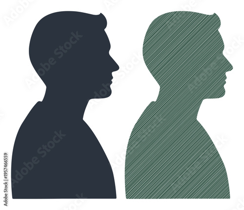 Two silhouetted profiles of men, one solid and one with a hatched texture, facing right in contrast.