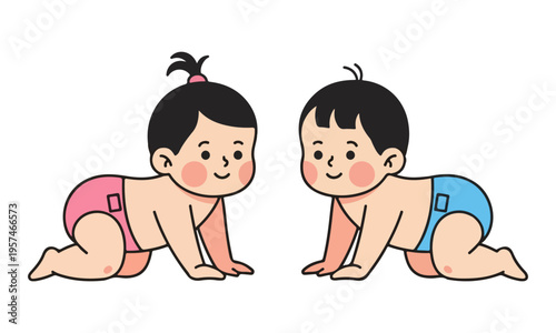 Crawling baby girl and boy cartoon vector illustration