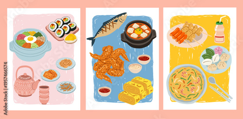 Flat Illustration of Popular Korean Cuisine and Traditional Food Set. Hand Drawn Style Korean Food Poster Design Elements in Pastel Colors illustrations.