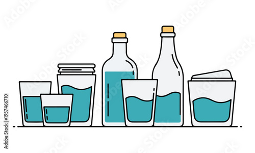 Water bottles and glass drinkware set flat line illustration