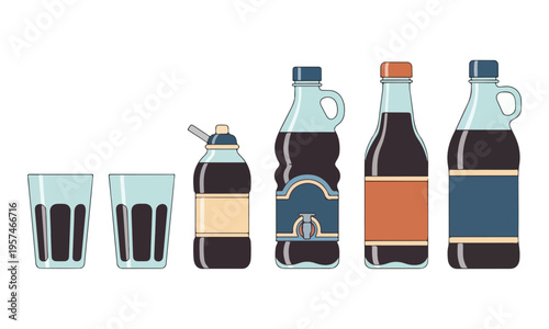 Dark beverage bottles and glasses set vector illustration