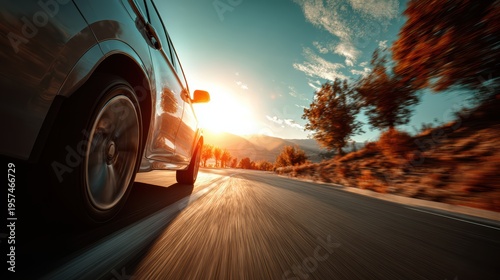 Vibrant modern vehicle driving through open scenic road, subtle motion blur, soft environmental tones, cool modern design, cinematic realism, 8k