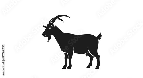 Black silhouette of a standing goat. Detailed vector icon of a male horned farm animal with a beard, isolated on white.