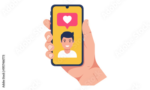 Hand holding smartphone with male profile and heart icon
