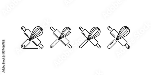 Set of four black outline icons depicting a crossed whisk and rolling pin, representing baking, cooking, or kitchen tools