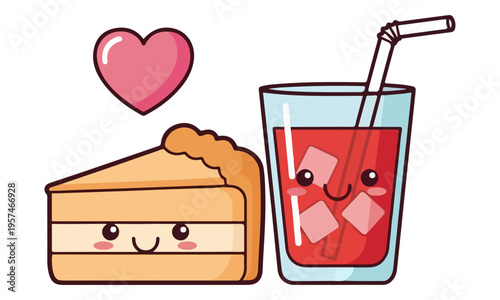 Kawaii cake slice and red juice glass illustration on white