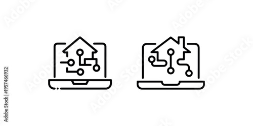 Smart home automation laptop icons showing house connected with digital circuit lines representing remote monitoring and modern intelligent living solutions