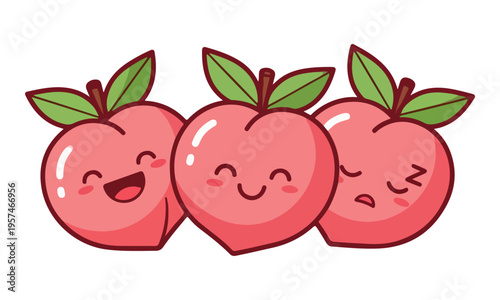 Kawaii Peach Fruit Characters with Different Facial Expressions
