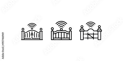 Automated security gate icons with wireless wifi signal symbols representing smart property access control and remote entrance management for modern homes