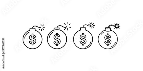 Set of dollar bomb line icons. collection of simple outline black dollar bomb signs. bundle of dollar bomb outline symbols for web and mobile